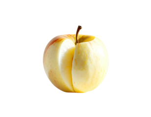 A halved pale yellow apple with red streaks, showing creamy interior, stem intact, against a black background.  The cut reveals a crisp, juicy texture