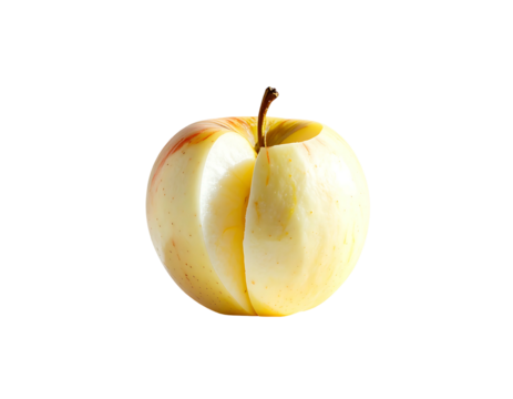 A halved pale yellow apple with red streaks, showing creamy interior, stem intact, against a black background.  The cut reveals a crisp, juicy texture