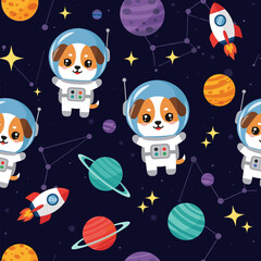 Playful seamless space pattern with cartoon dog astronauts planets and rockets