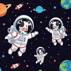 Cute cartoon cows in astronaut suits explore the vibrant cosmos with planets and rockets
