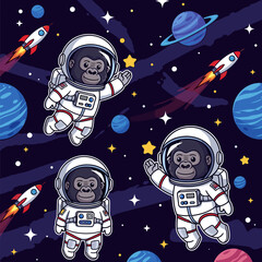 Cartoon gorilla astronauts float in outer space with planets rockets and stars Space exploration fun