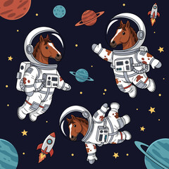 Whimsical cartoon horses in astronaut suits float in vibrant outer space with planets stars and rockets