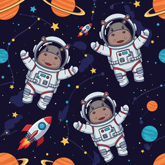 Adorable astronaut hippos explore space with planets and rockets Fun imaginative childrens design