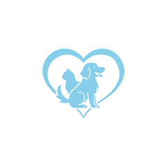 A light blue silhouette of a cat and a dog sitting together inside a heart-shaped frame on a white background.