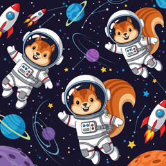 Cute squirrel astronauts explore colorful outer space with planets stars and rockets