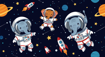 Cute elephant astronauts exploring space with rockets and planets Fun childhood adventure