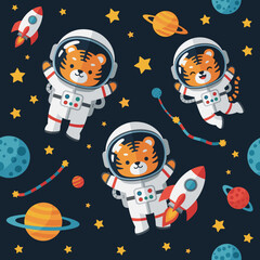 Cute tiger astronauts explore deep space among planets stars and rockets Fun childhood adventure