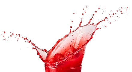 Vibrant red liquid creating a dynamic splash as it erupts from a clear glass against a pristine white background, conveying refreshment and energy