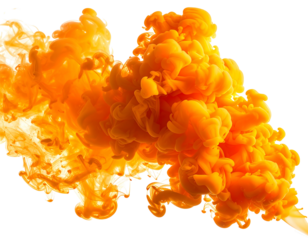 Vivid orange ink swirls and plumes in water, creating abstract shapes against a black background; the ink exhibits varied density and texture