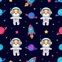 Cute cartoon dog astronauts and colorful planets in a fun space seamless pattern for kids