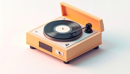 Isometric design of a record player with vinyl, muted pastel tones, isolated on white