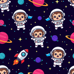 Cute cartoon astronaut monkeys exploring space with planets and stars Fun kids adventure pattern