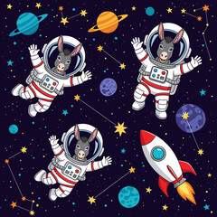 Cute cartoon donkeys in spacesuits floating in outer space among planets and stars