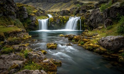 Obraz premium Picturesque Icelandic Waterfall Cascading Through Mossy Rocks.