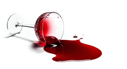 A spilled glass of red wine creates a dark puddle on a white background, isolated with a shadow