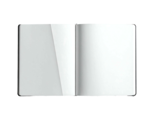 Opened blank notebook with slightly curved pages, showcasing clean, white pages and a dark gray cover, viewed from directly above