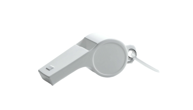 A simple, white plastic whistle with a pearlescent sheen,  featuring a pea-less design and a slightly off-center mouthpiece.  It's angled to the left, suggesting motion