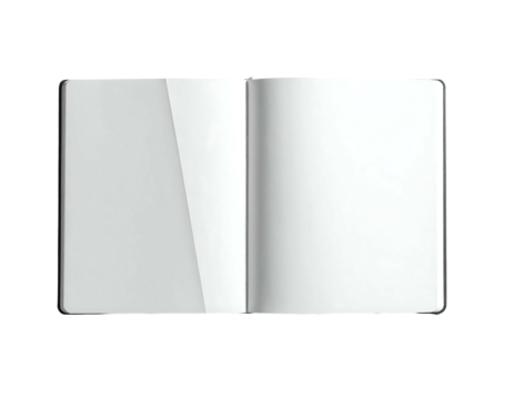 Opened blank notebook with slightly curved pages, showcasing clean, white pages and a dark gray cover, viewed from directly above