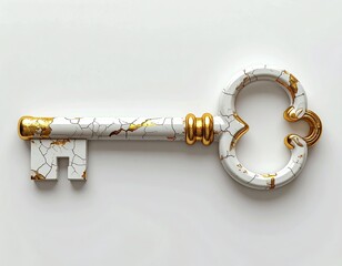 Antique, cracked white key with gold accents (1)