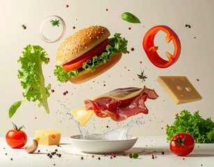 Floating burger ingredients over a plate