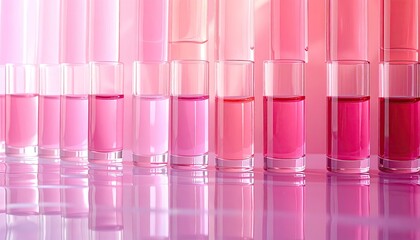 Rows of clear glass tubes, filled with various shades of pink liquid