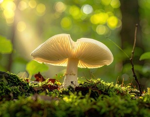 Forest mushroom bathed in sunlight