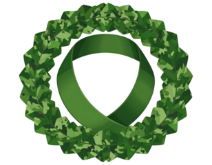 A green ribbon, shaped like a shield, is encircled by a serrated, leafy wreath.  The ribbon and leaves share a dark, glossy sheen