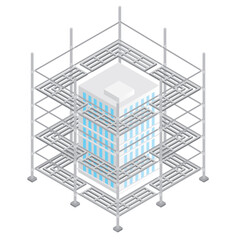 ビルを囲う建設足場のアイソメトリックイラスト