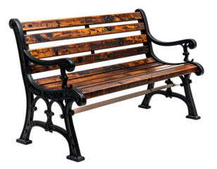 Rustic wooden park bench with ornate black metal legs and arms, showing rich wood grain and slight wear
