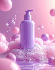 Lilac pump bottle in pink foam, bubbles