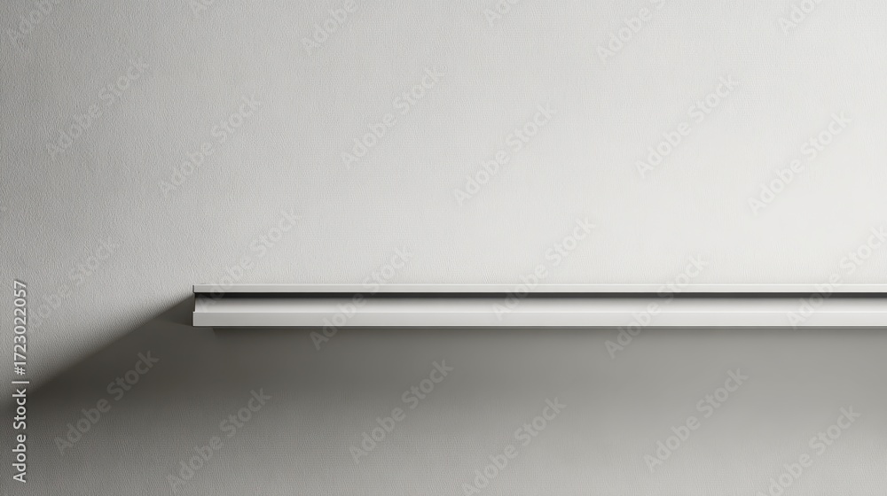 Poster minimalist shelf shadow: an eye-level shot presents a sleek, minimalist wall shelf casting a long sh