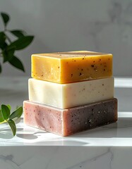 Three stacked bars of colorful natural soap