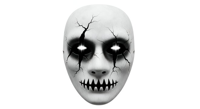Isolated creepy white mask with deep cracks, glowing eyes, and a sinister sharp-toothed grin, representing horror and fear