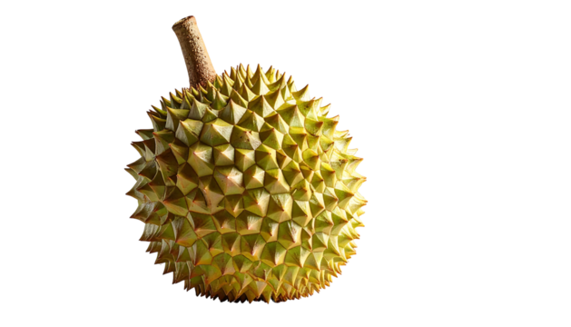 A single durian fruit, pale yellow-green, with numerous sharp, pyramidal protrusions covering its rind and a short, woody stem.  Isolated on black