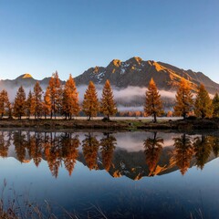 Autumnal lake mirroring mountains