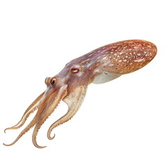 Obraz premium Realistic portrait of a squid, side view, full body isolated on a white background, gently curved tentacles, smooth translucent body, highly detailed, high resolution, dynamic lighting, soft shadows, 