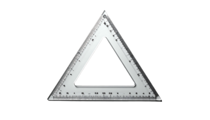Transparent, isosceles triangular ruler with centimeter and inch markings on its edges, isolated on a black background