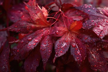 Rain-covered, deep red autumn leaves