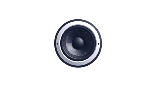 Close-up of a circular speaker with a dark gray cone, silver surround, and a metallic bezel against a black background