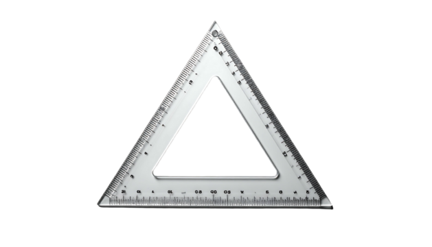 Transparent, isosceles triangular ruler with centimeter and inch markings on its edges, isolated on a black background