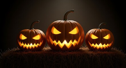 Three jack o lanterns glowing menacingly on a bed of straw against a dark halloween night background