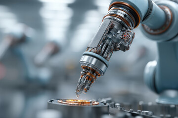 Robotic arm assembling components in modern industrial setting, showcasing advanced technology and precision engineering