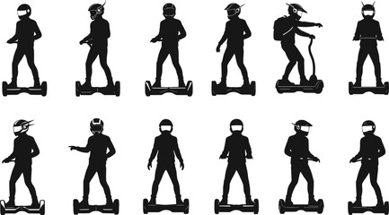 Silhouette people riding hoverboards, electric scooters, futuristic unicycles, personal mobility devices, technology, innovation, urban transport, modern lifestyle, eco travel, safety