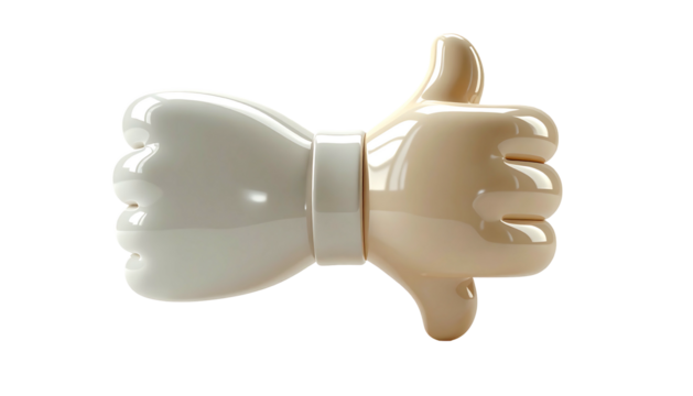 A 3D-rendered cartoon hand gesturing thumbs down, featuring a creamy beige and off-white color scheme, with a smooth, glossy texture and rounded edges