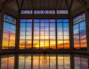 Grand room with stained glass windows, sunset view