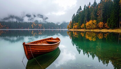 Calm lake, autumn colors, wooden boat