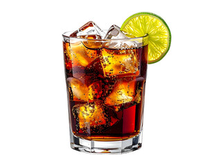 Iced dark cola drink in a rocks glass with ice cubes and a lime wedge.  Bubbles rise from the ice