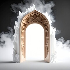 Ornate wooden archway, open, surrounded by crystals and smoke