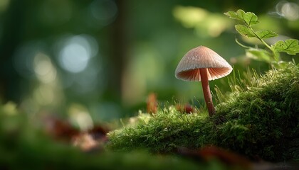 Tiny mushroom, pale cap, mossy forest floor