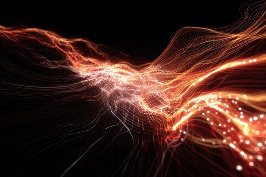 Abstract flowing orange and white light trails on black background - Powered by Adobe